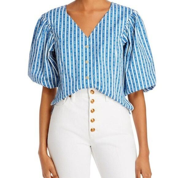 Tory Burch Gemini Link Button Front Top Size 12 Blue Stripes Cotton Puff Sleeves - Picture 14 of 14